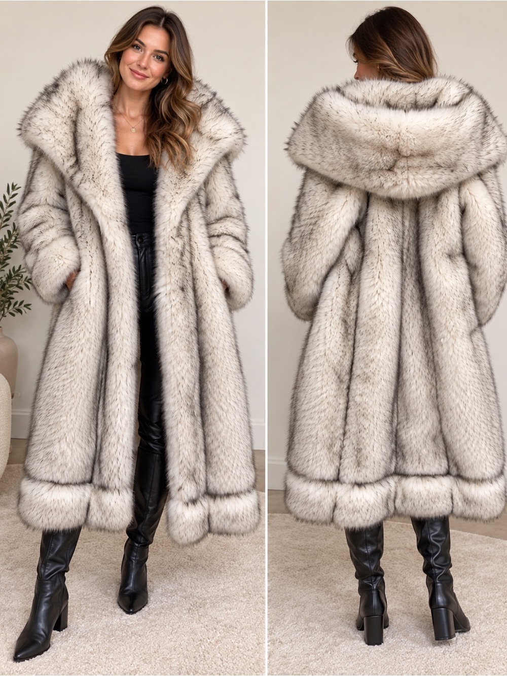 Luxury Faux Fur Hooded Long Coat - Cream Taupe